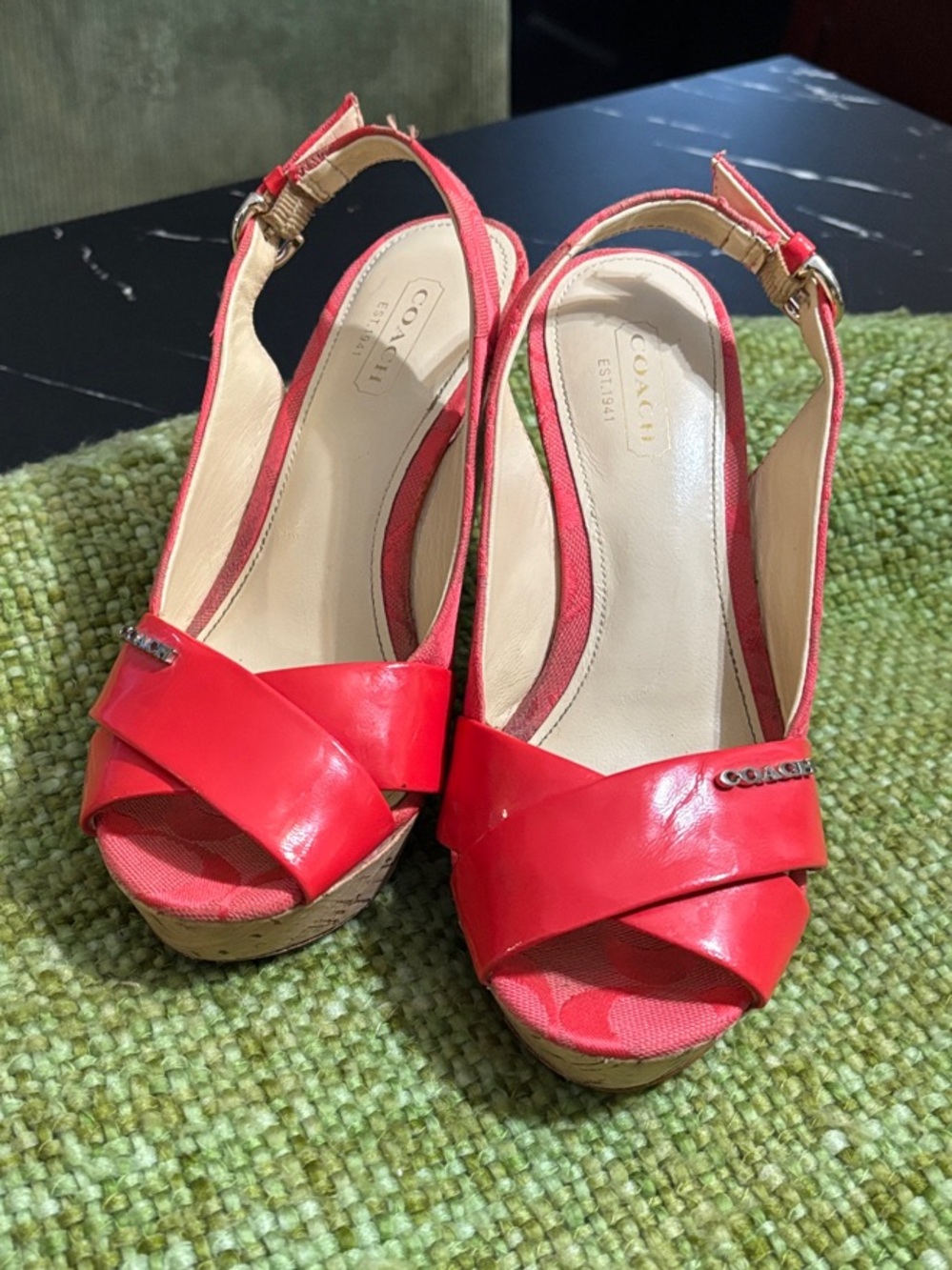Coach Red Leather Wedge Slingback Sandals